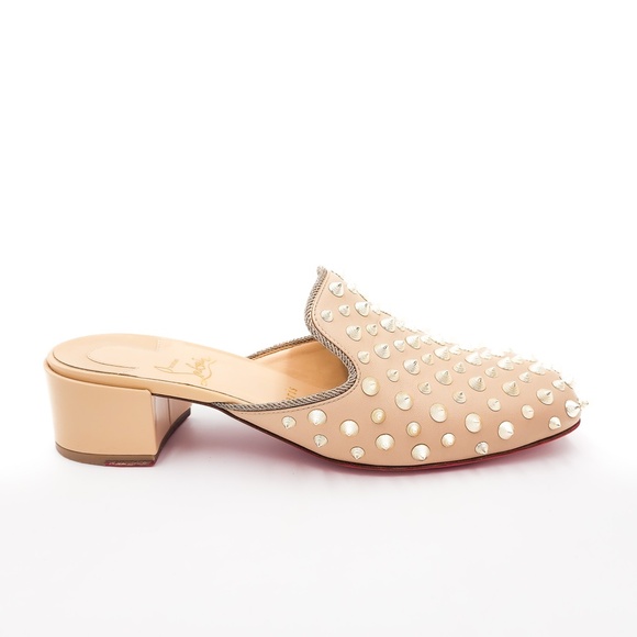 Christian Louboutin Shoes - Christian Louboutin Beige Leather Studded Spike Slip-On Mules EU 39